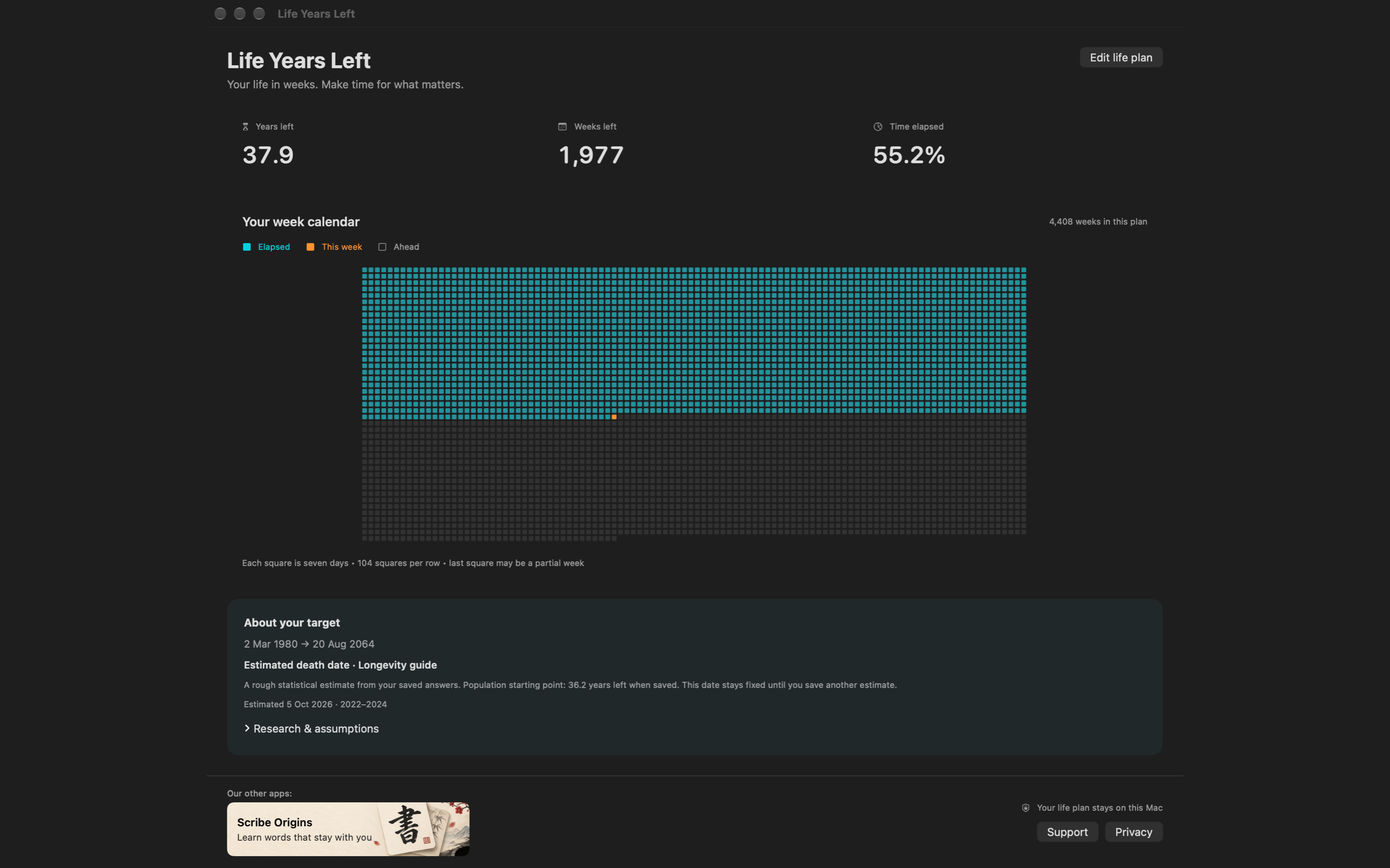 Life Years Left native Mac calendar in dark mode with an example life plan