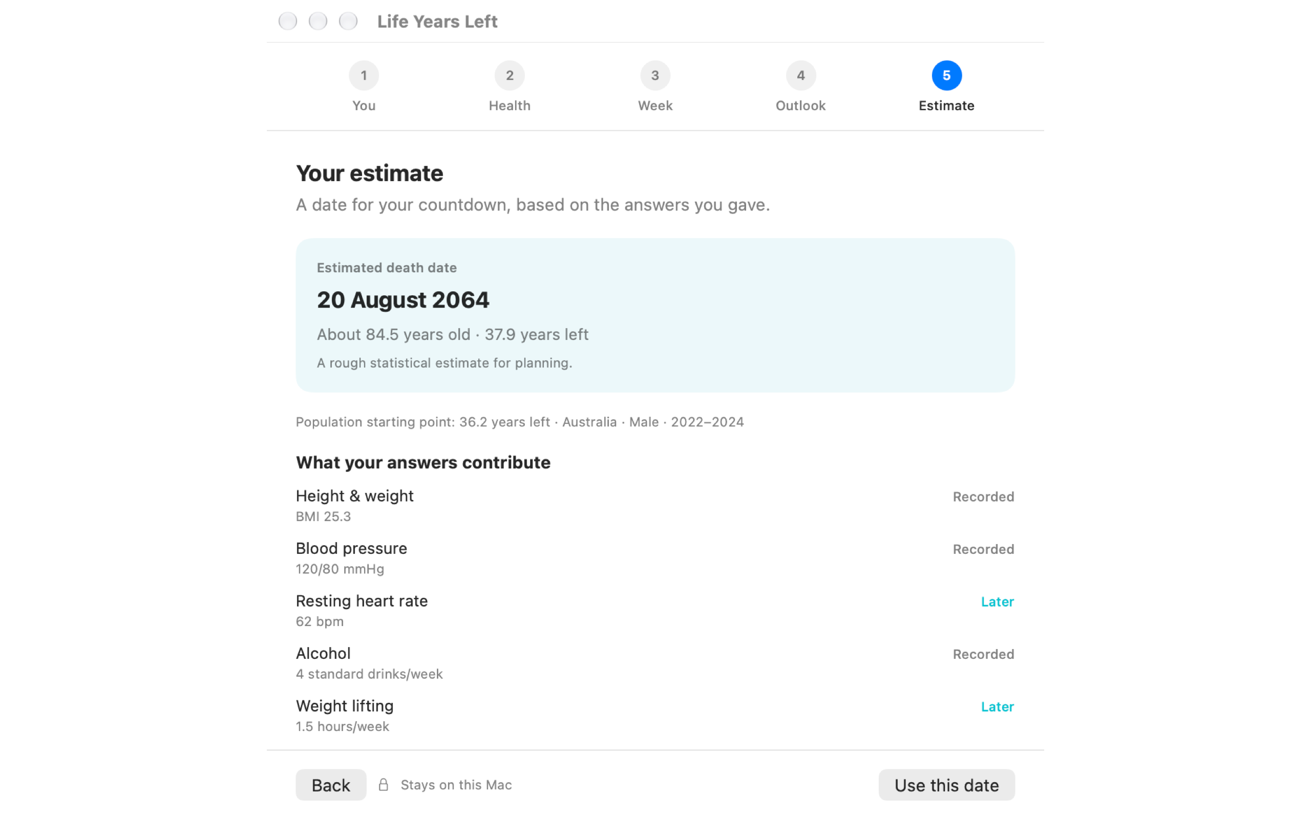 The native Mac Longevity guide showing an example questionnaire and result